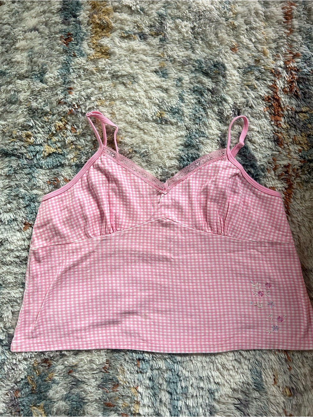 Pink Gingham Lace Trim Cami Tank Top